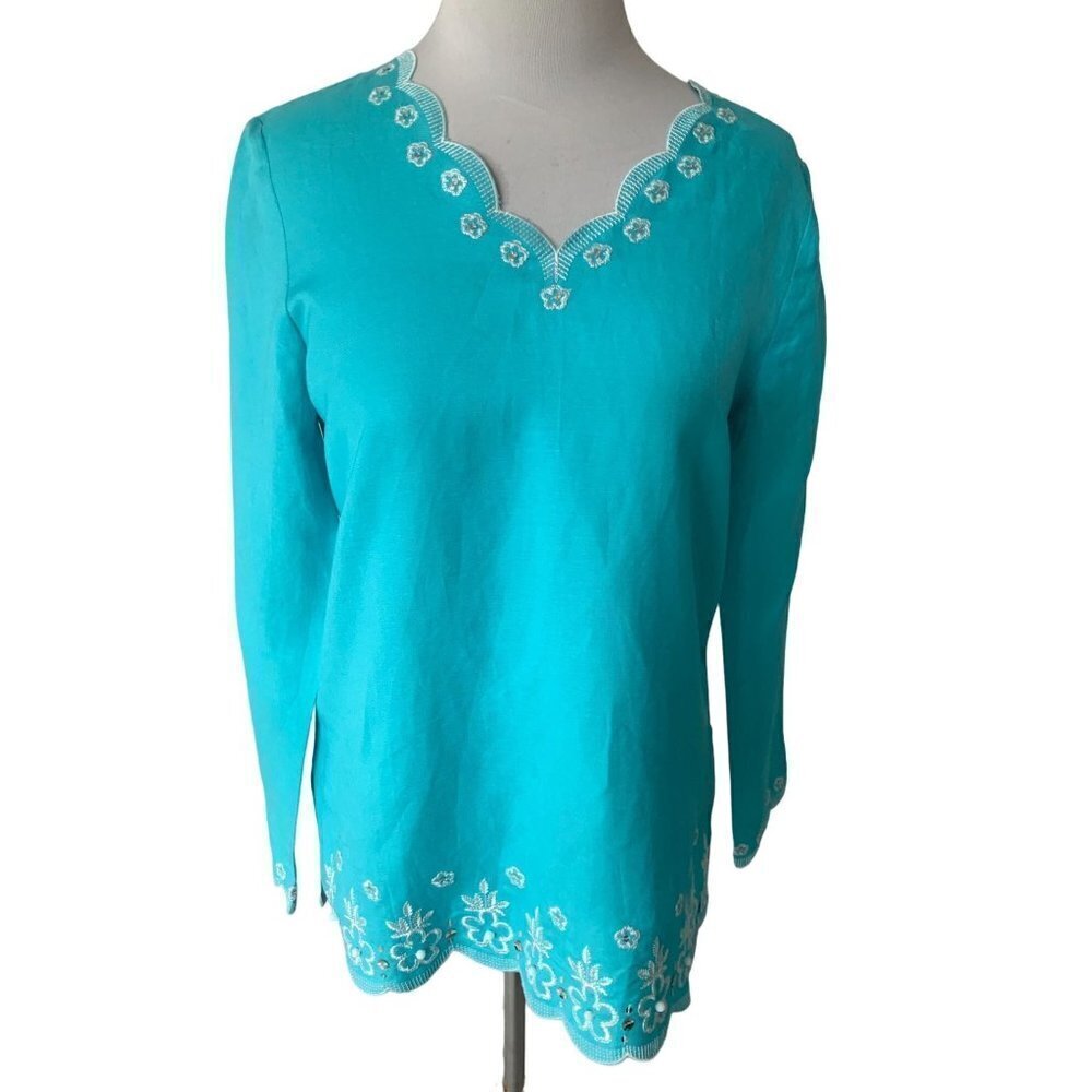 Coldwater Creek ladies linen blend turquoise white sequin scalloped trim NEW 6